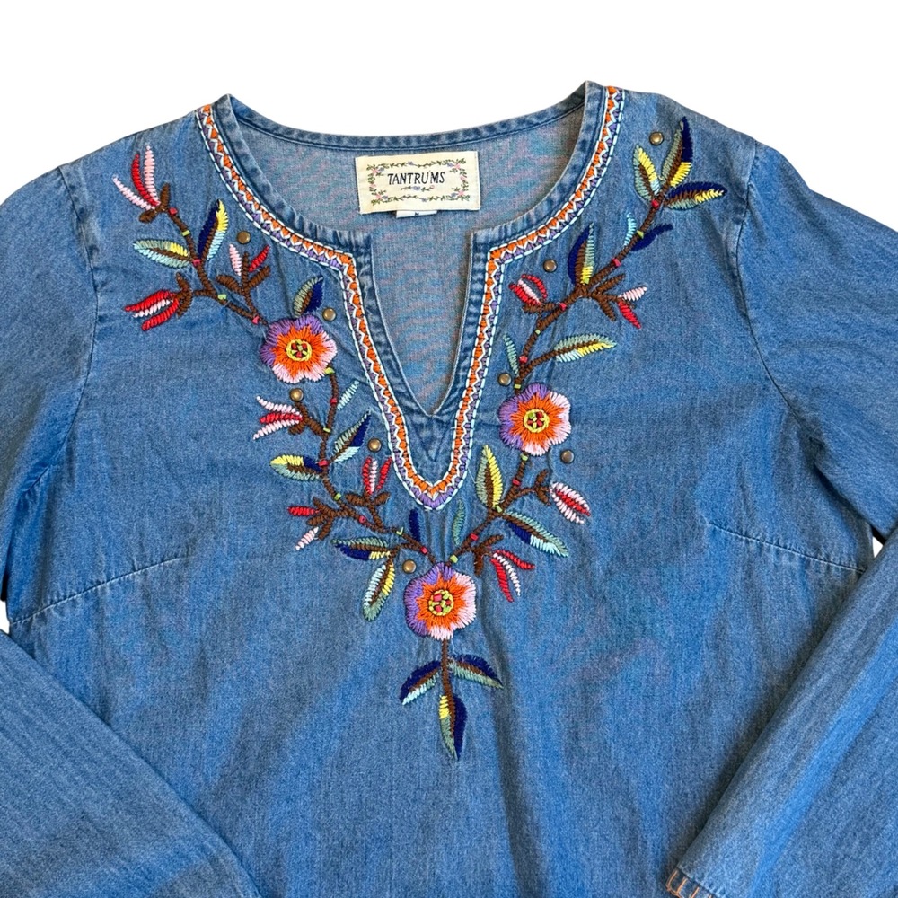 Tantrums Womens Medium Blue‎ Denim Embroidered Floral Boho Tunic Top Cotton M - Picture 5 of 15